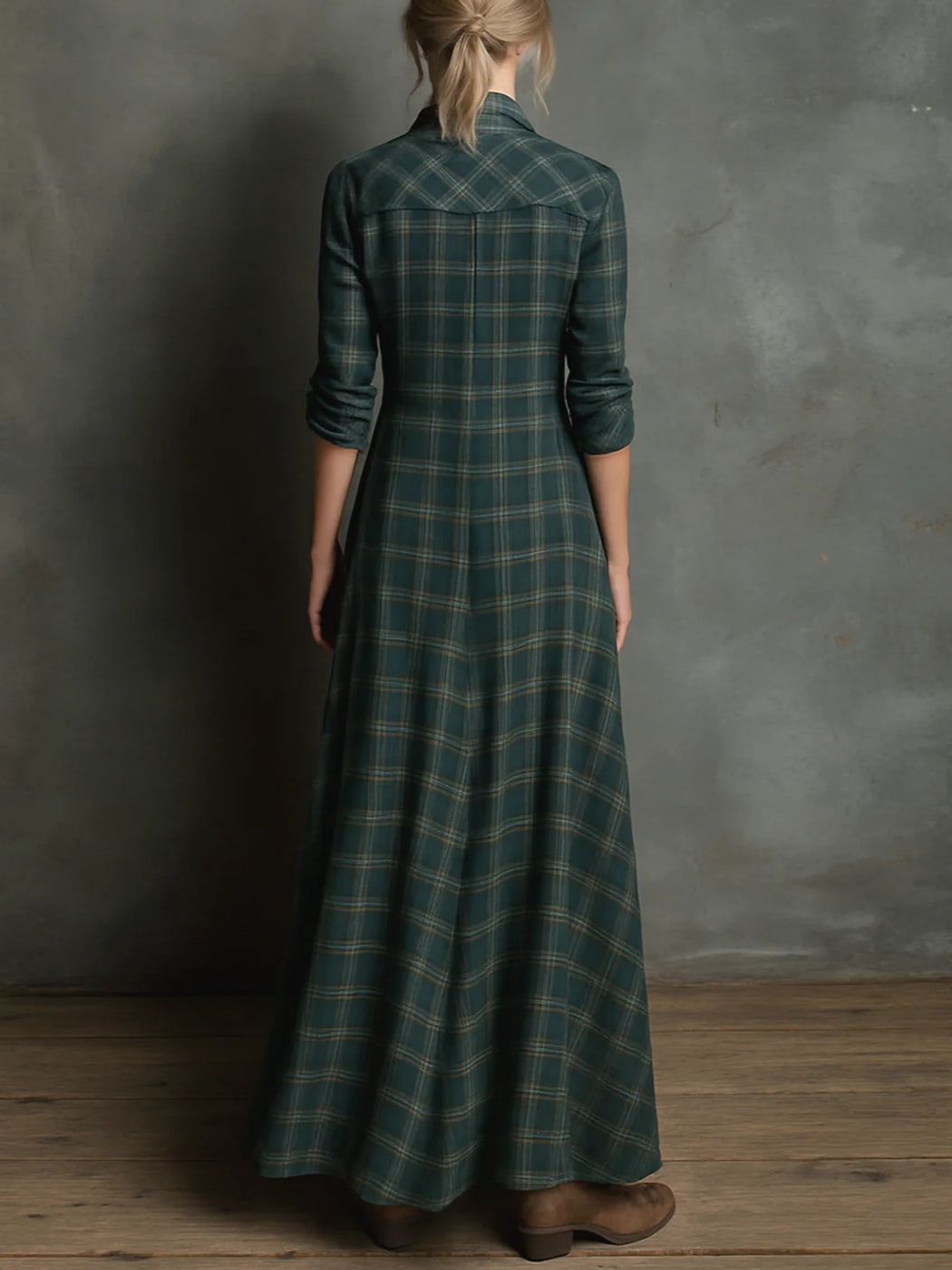 Hannah | Green Plaid Lapel Single-Breasted Shirt Long Dress