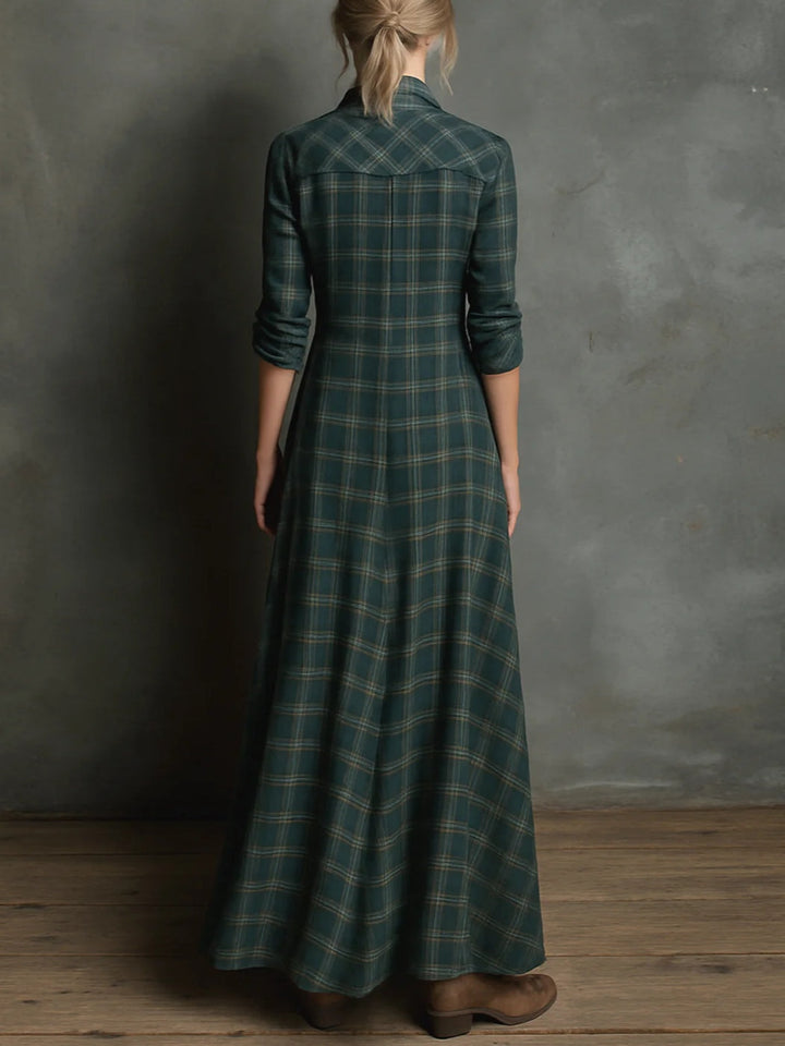 Hannah | Green Plaid Lapel Single-Breasted Shirt Long Dress
