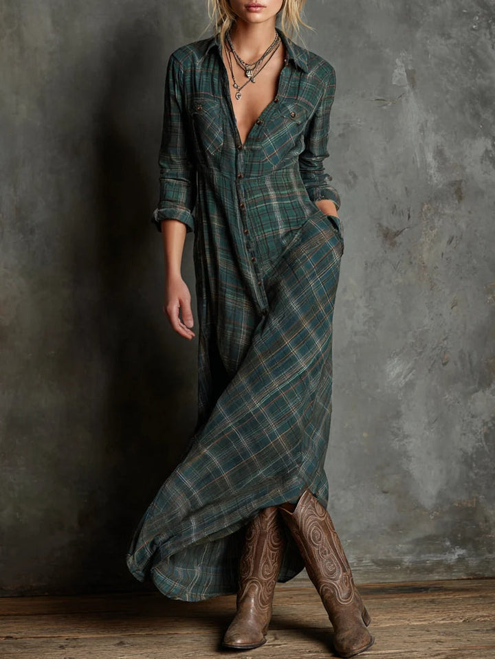 Hannah | Green Plaid Lapel Single-Breasted Shirt Long Dress