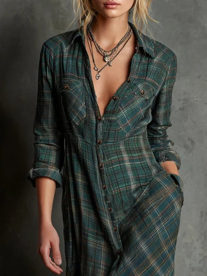Hannah | Green Plaid Lapel Single-Breasted Shirt Long Dress