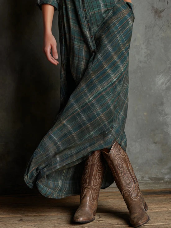 Hannah | Green Plaid Lapel Single-Breasted Shirt Long Dress
