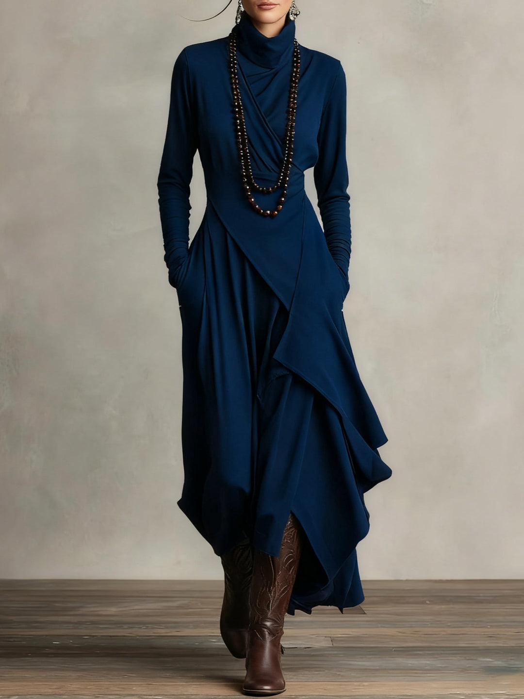 Mery | Purple High-neck Asymmetrical Pleated Maxi Dress（Necklace not included）