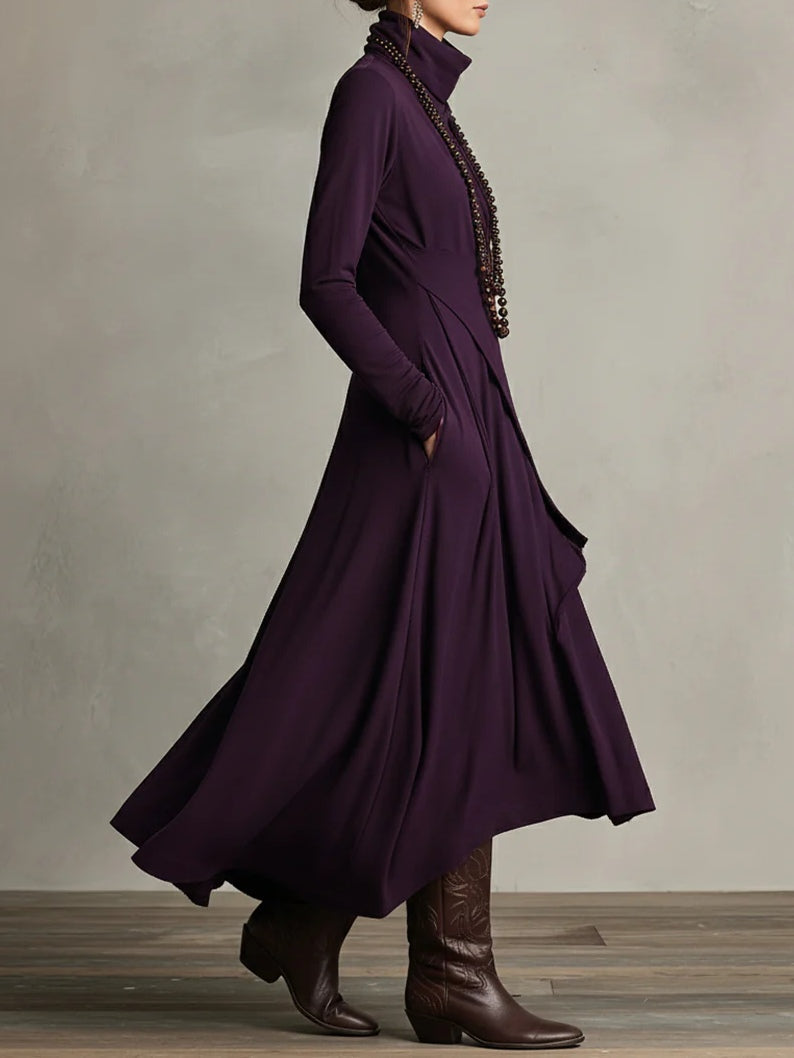 Mery | Purple High-neck Asymmetrical Pleated Maxi Dress（Necklace not included）