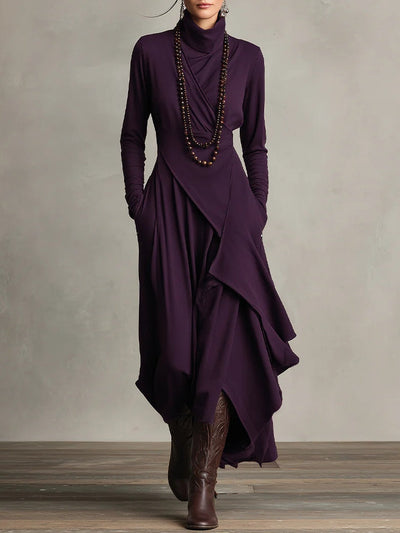 Mery | Purple High-neck Asymmetrical Pleated Maxi Dress（Necklace not included）