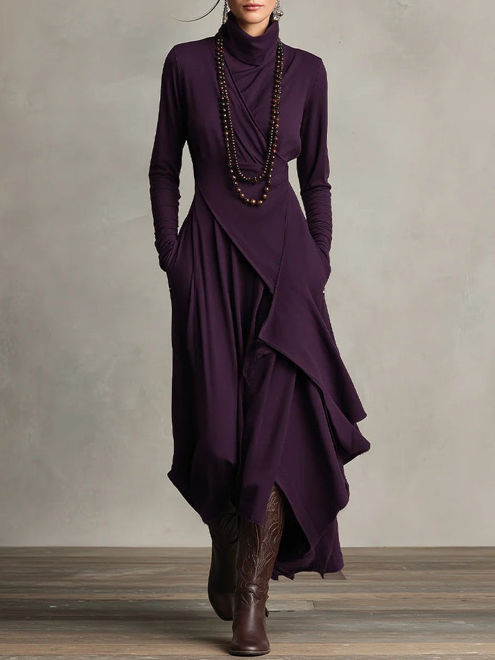 Mery | Purple High-neck Asymmetrical Pleated Maxi Dress（Necklace not included）