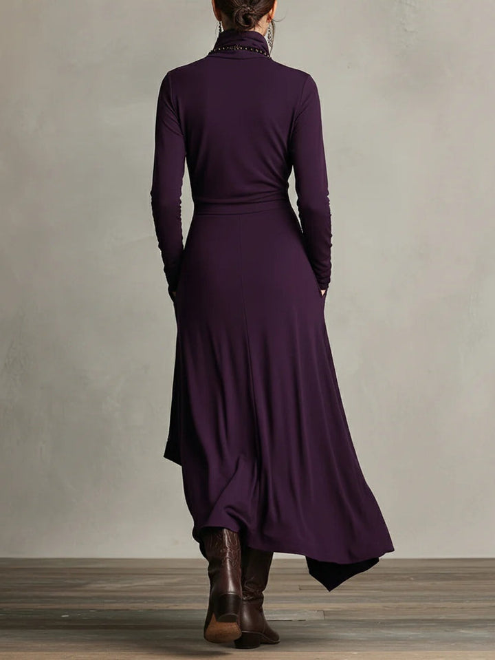 Mery | Purple High-neck Asymmetrical Pleated Maxi Dress（Necklace not included）
