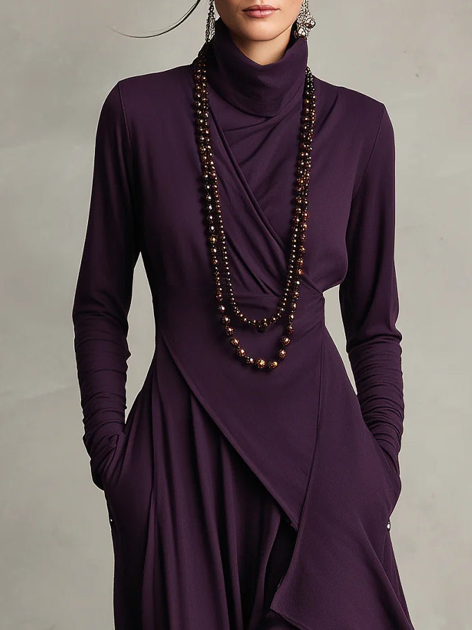 Mery | Purple High-neck Asymmetrical Pleated Maxi Dress（Necklace not included）