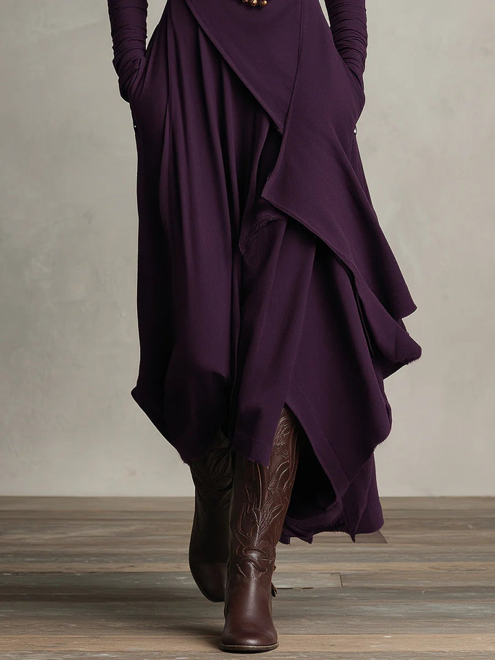 Mery | Purple High-neck Asymmetrical Pleated Maxi Dress（Necklace not included）